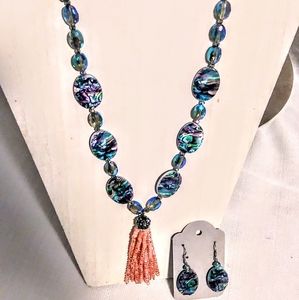 Abstract Semi precious crystal necklace, beaded tassel,& matching earrings set
